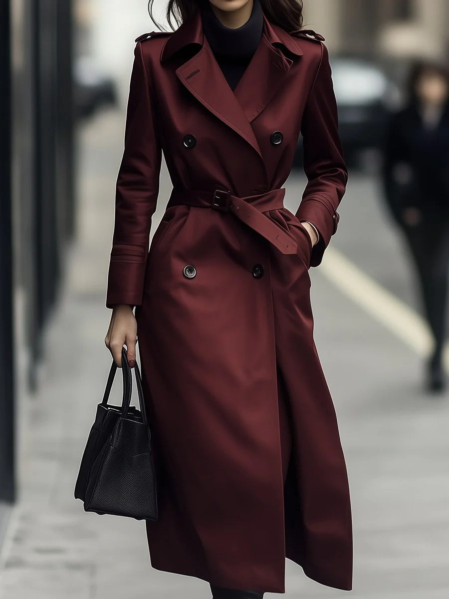 Brandy - Classic Double-Breasted Belted Trench Coat In Burgundy