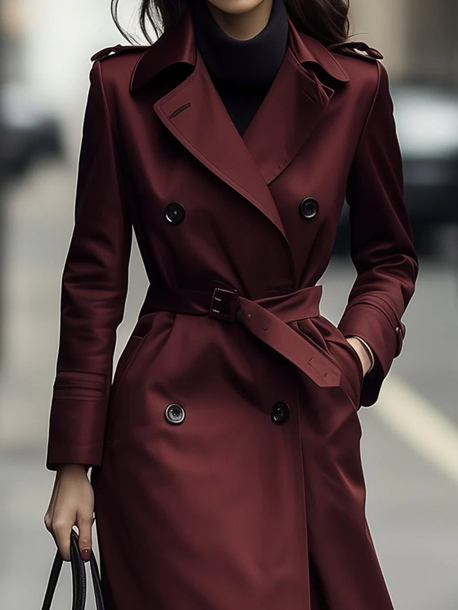 Brandy - Classic Double-Breasted Belted Trench Coat In Burgundy