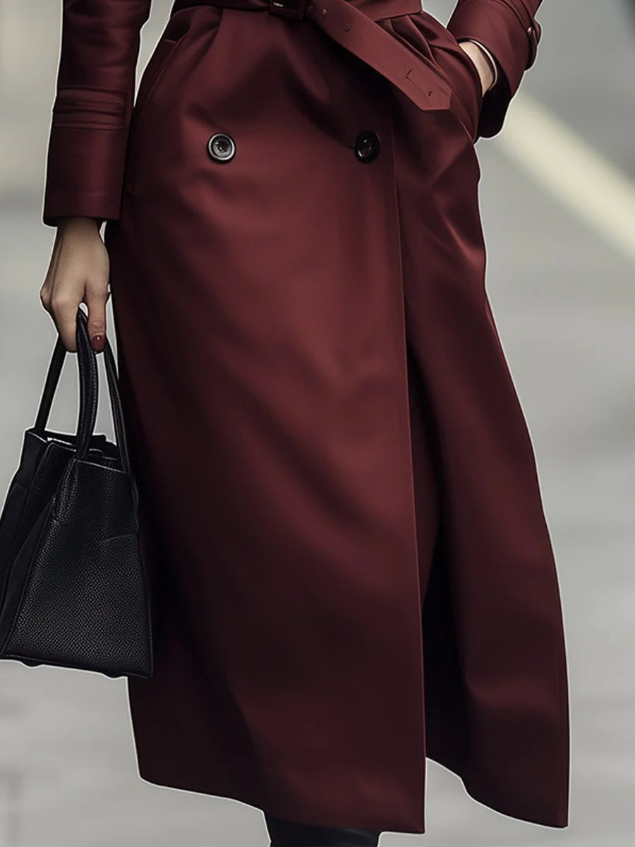 Brandy - Classic Double-Breasted Belted Trench Coat In Burgundy