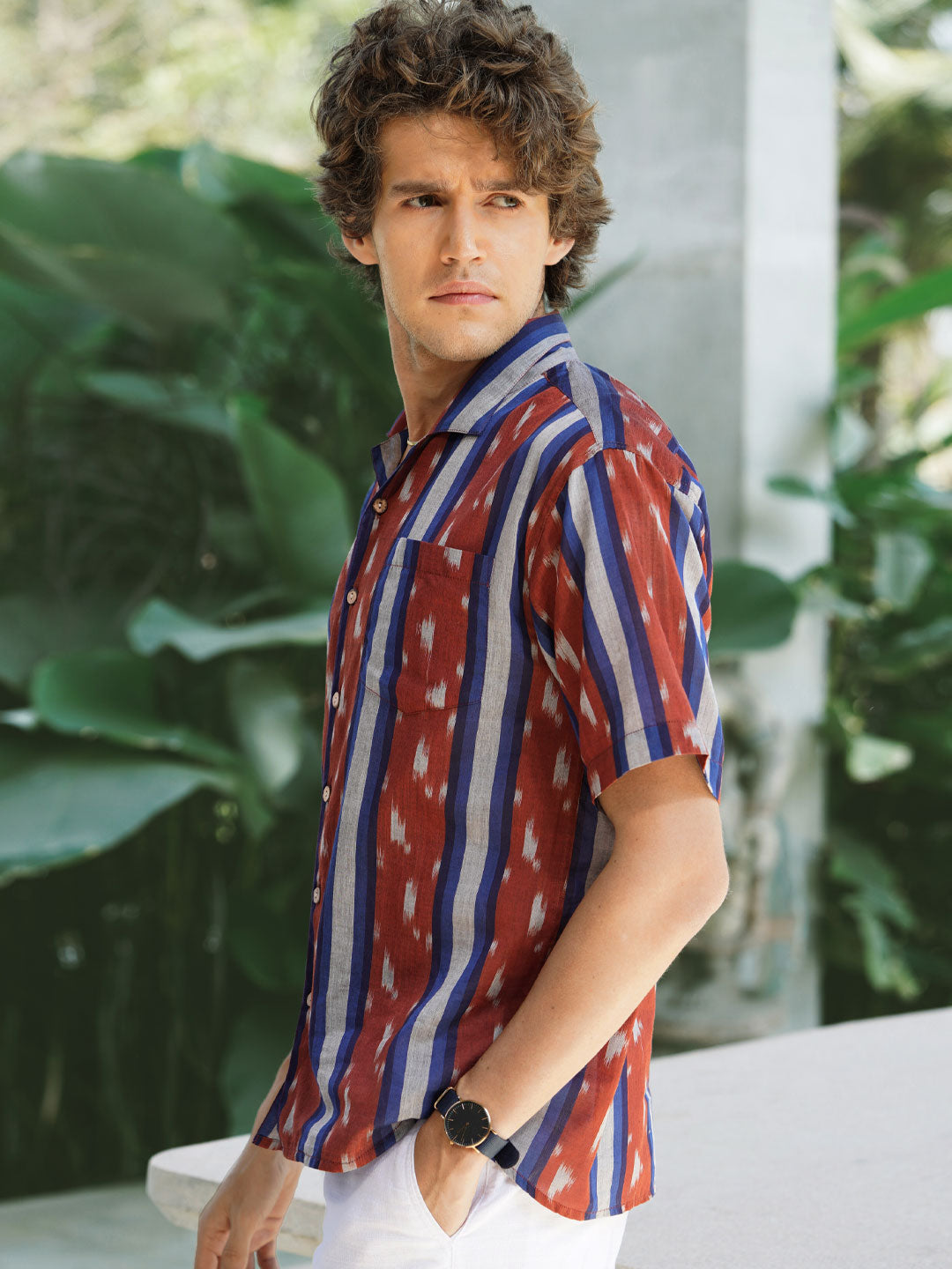 Oliver - Cuban Collar Handwoven Ikat Shirt Redwoods
