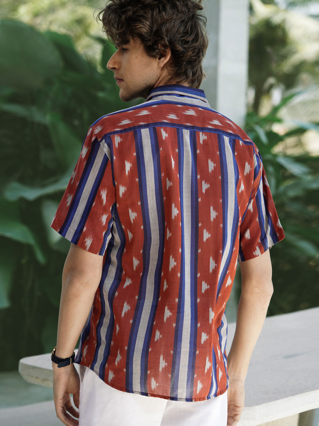 Oliver - Cuban Collar Handwoven Ikat Shirt Redwoods