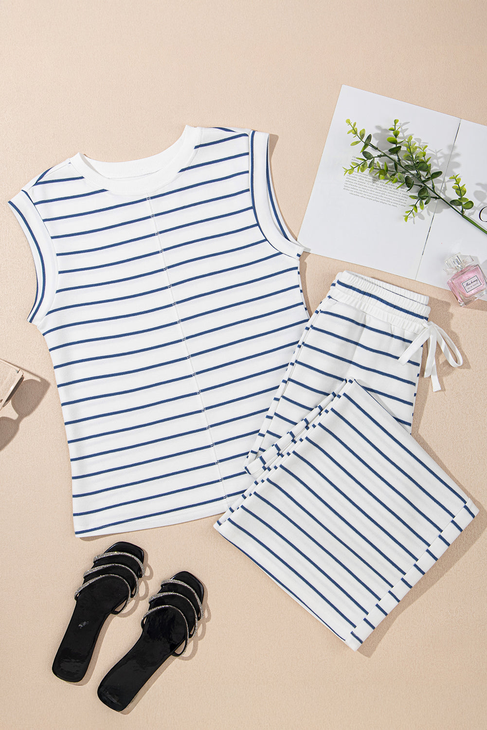 Isla - Blue Striped Tee & Wide Leg Set