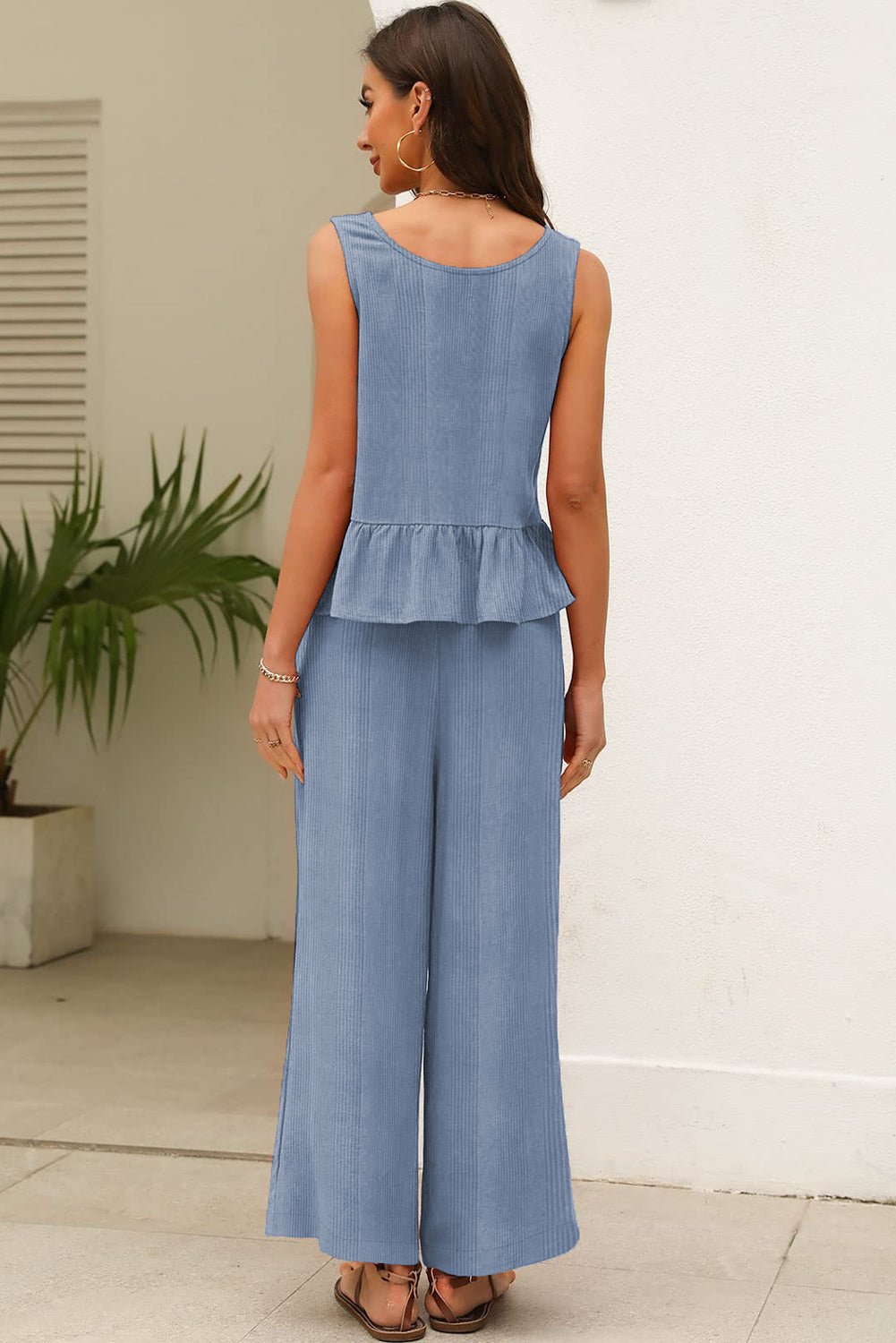 Amelia - Blue Ribbed Ruffle Tank Top and Pants Set