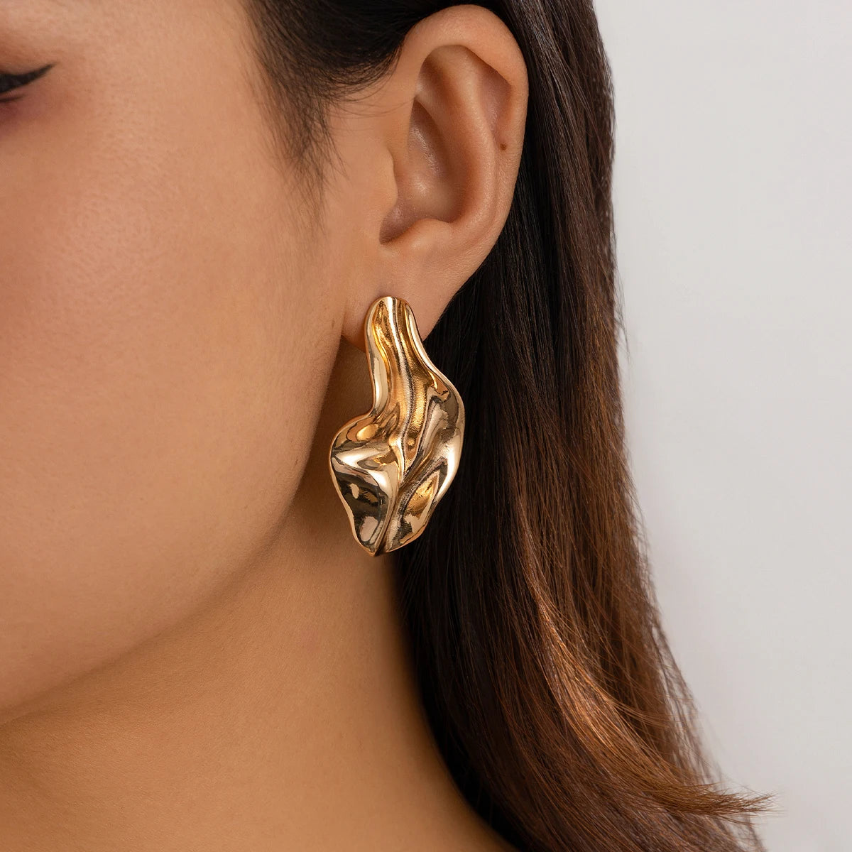 Gold Irregular Pleated Metal Earrings for Women – Modern Party Jewelry