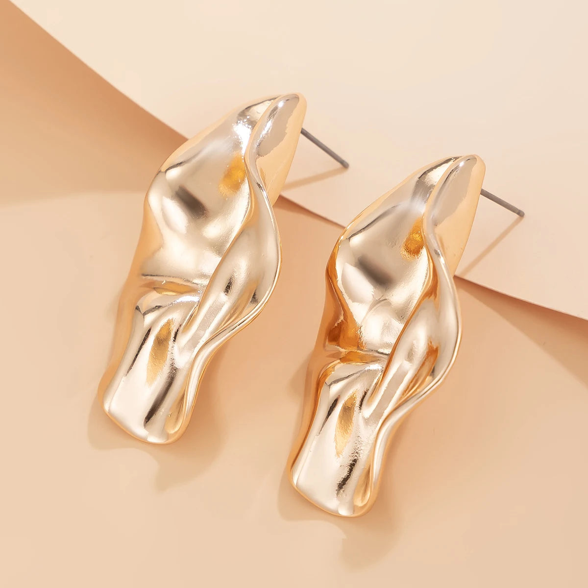 Gold Irregular Pleated Metal Earrings for Women – Modern Party Jewelry