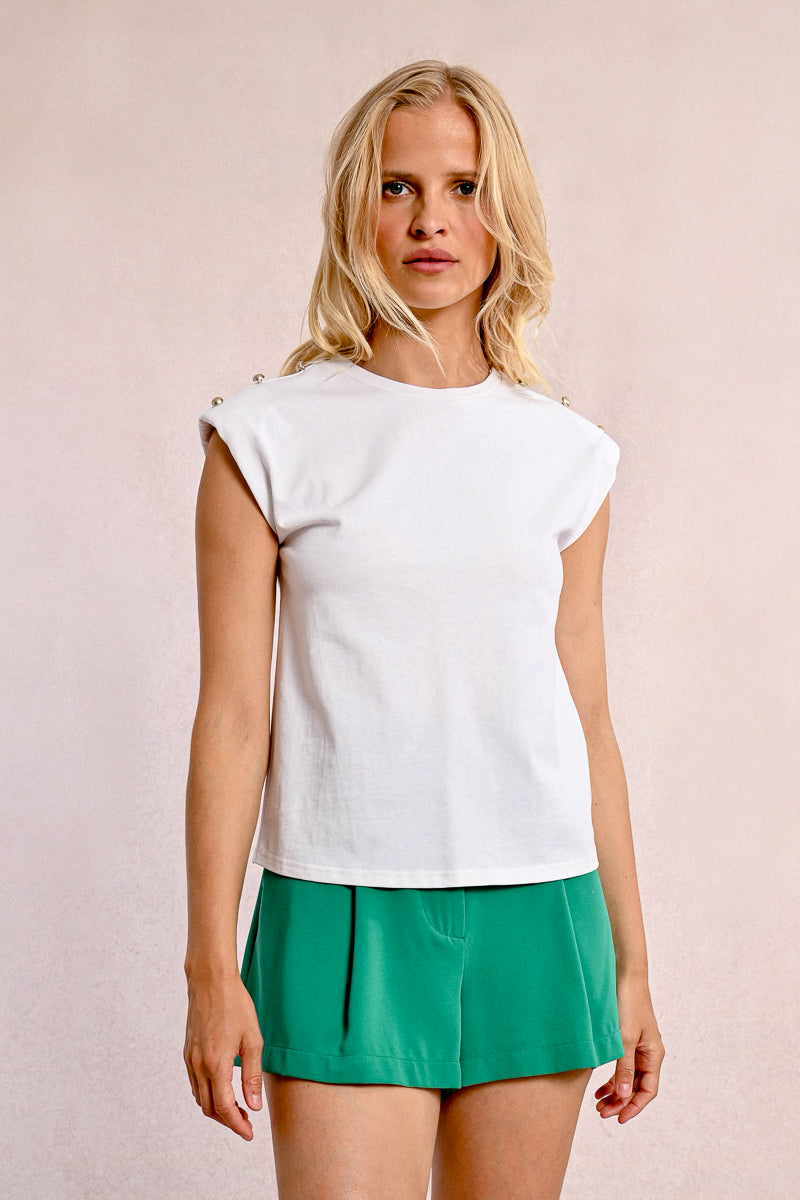 Isla – White Gold Button Shoulder Tee