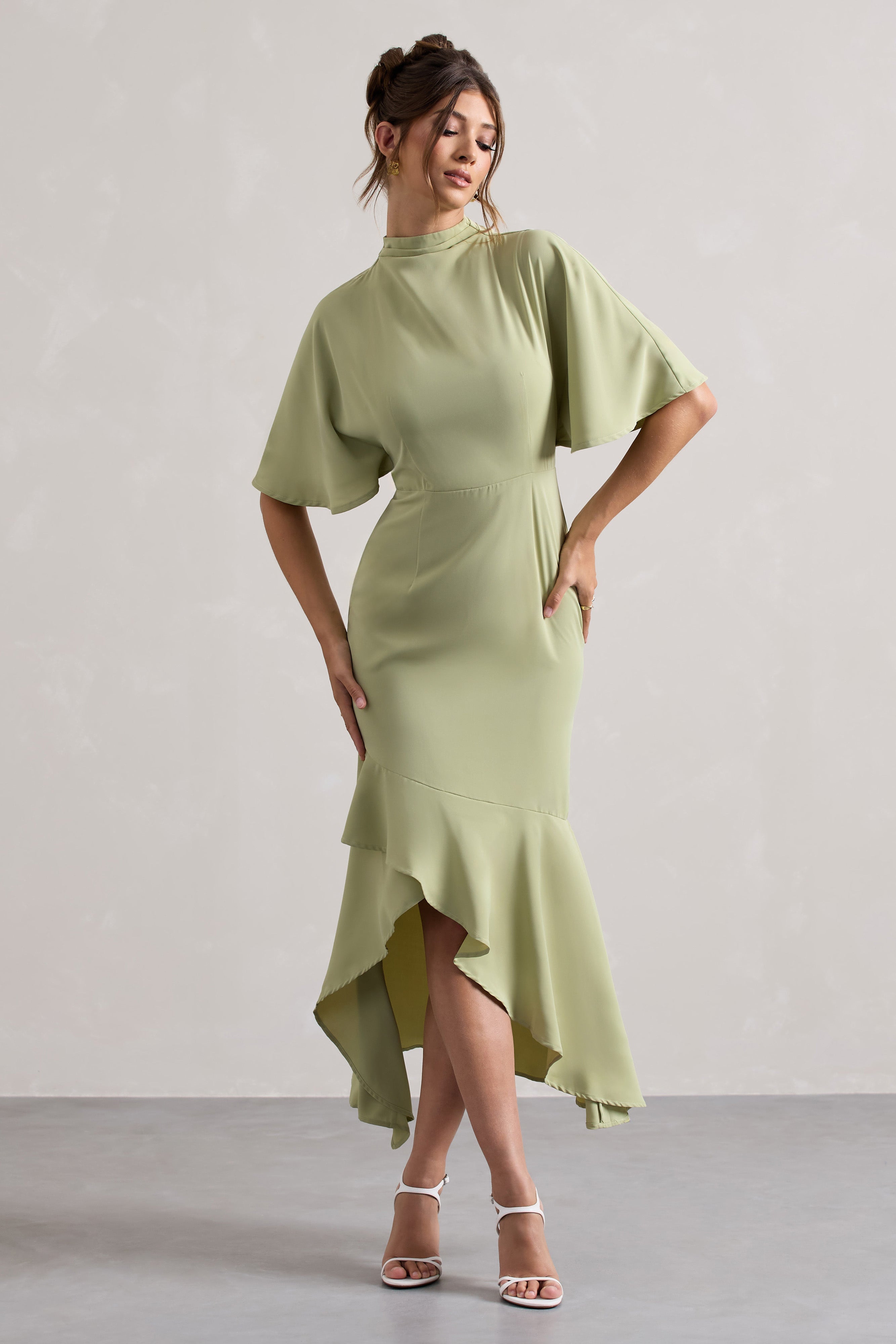 Lavinia - Sage High-Neck Flutter Maxi Dress
