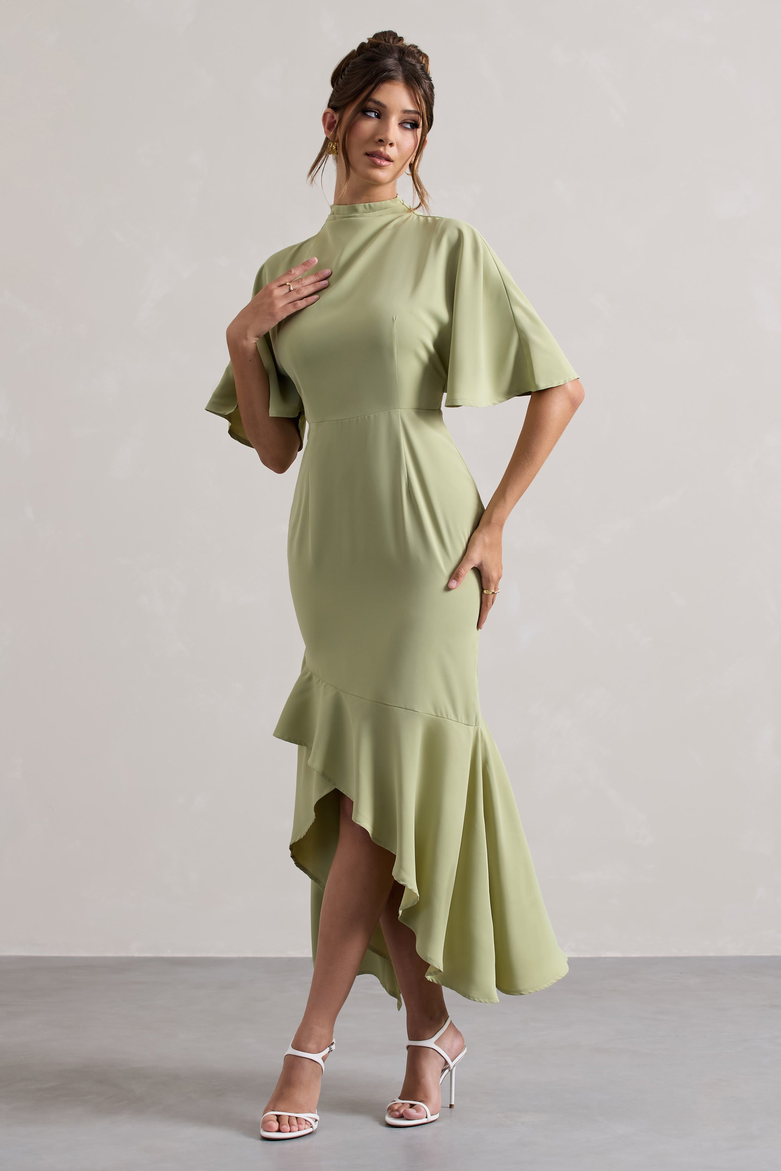 Lavinia - Sage High-Neck Flutter Maxi Dress