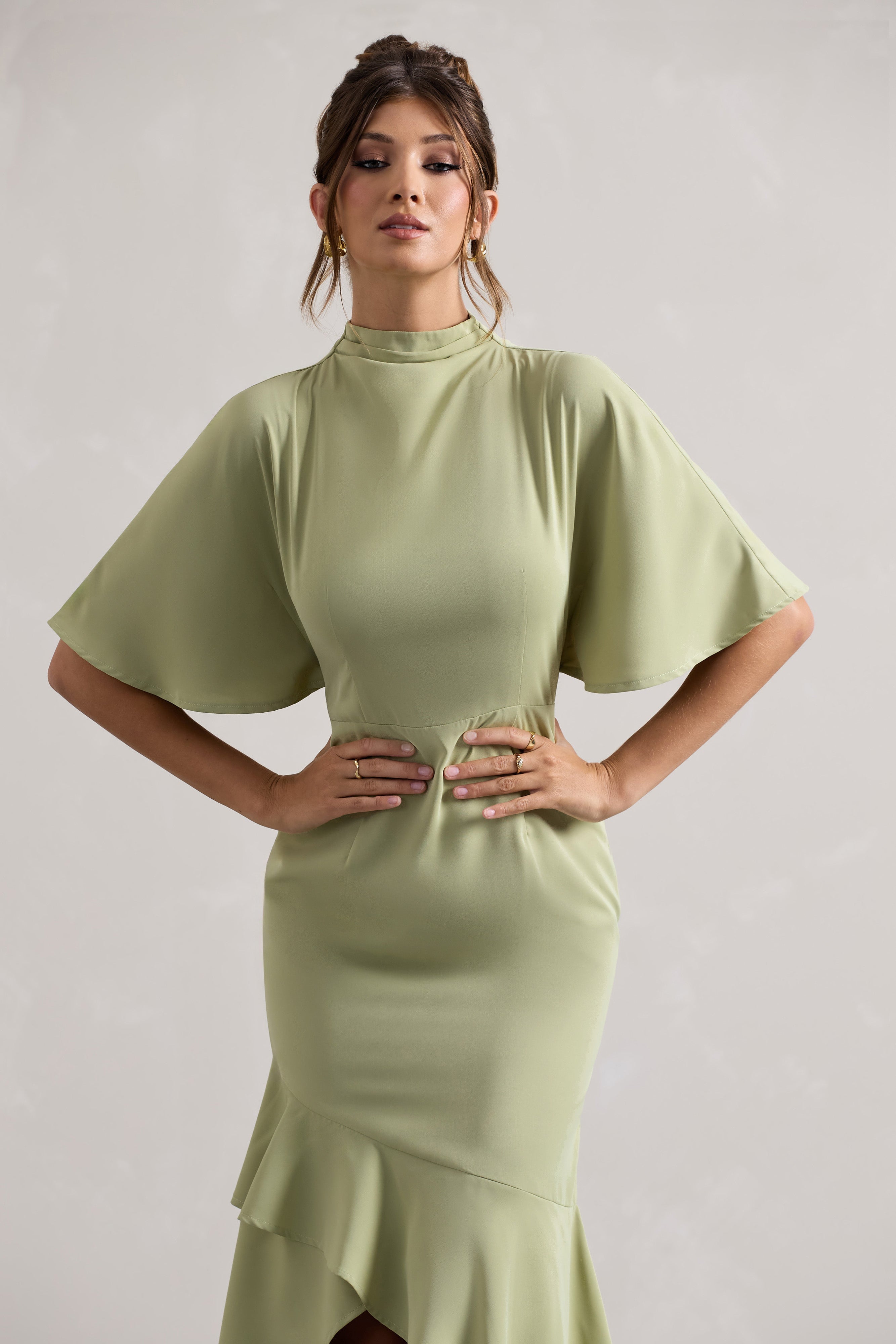 Lavinia - Sage High-Neck Flutter Maxi Dress