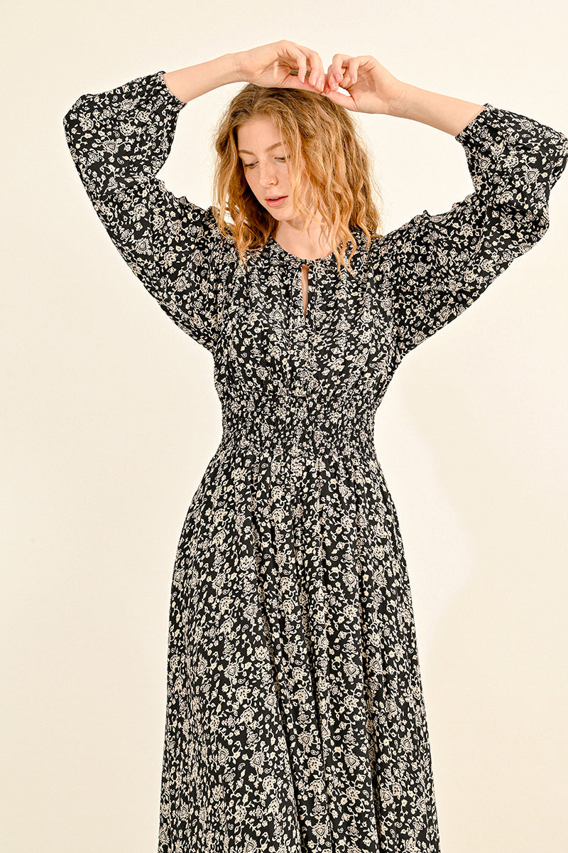 Amelia – Black Floral Woven Midi Dress