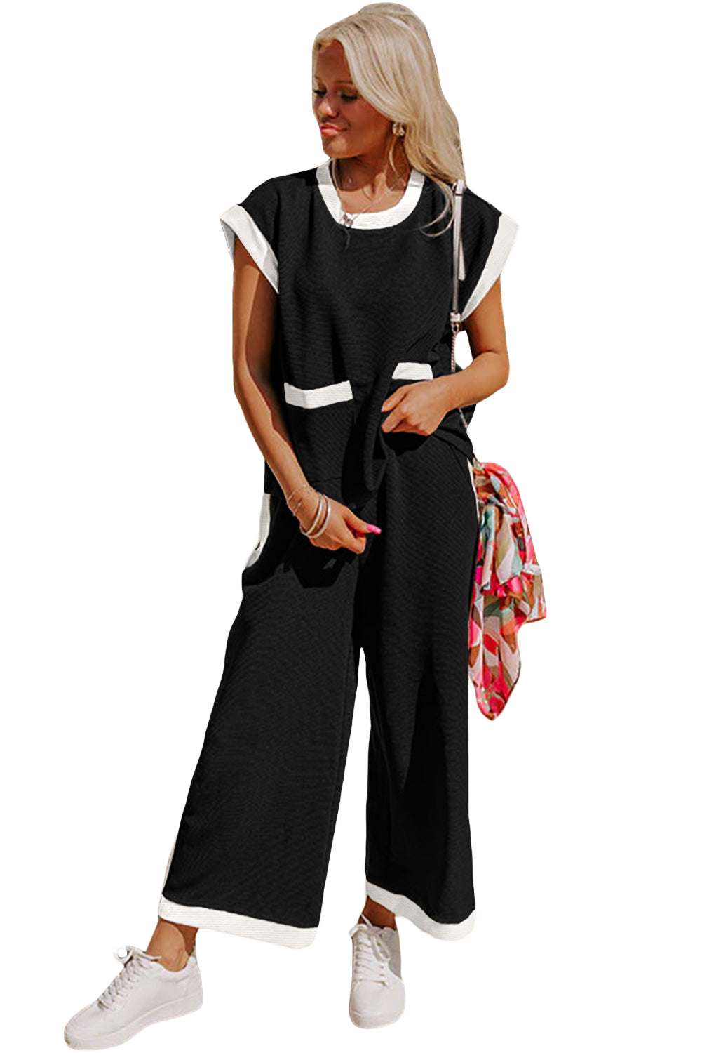 Sophia - Black Contrast Trim Pocket Trousers Set