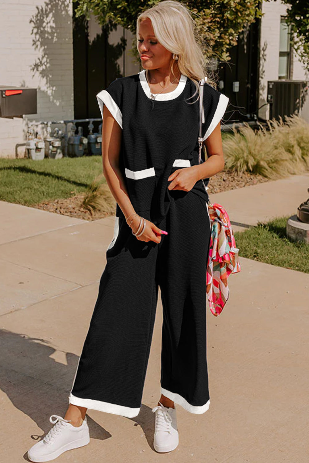 Sophia - Black Contrast Trim Pocket Trousers Set
