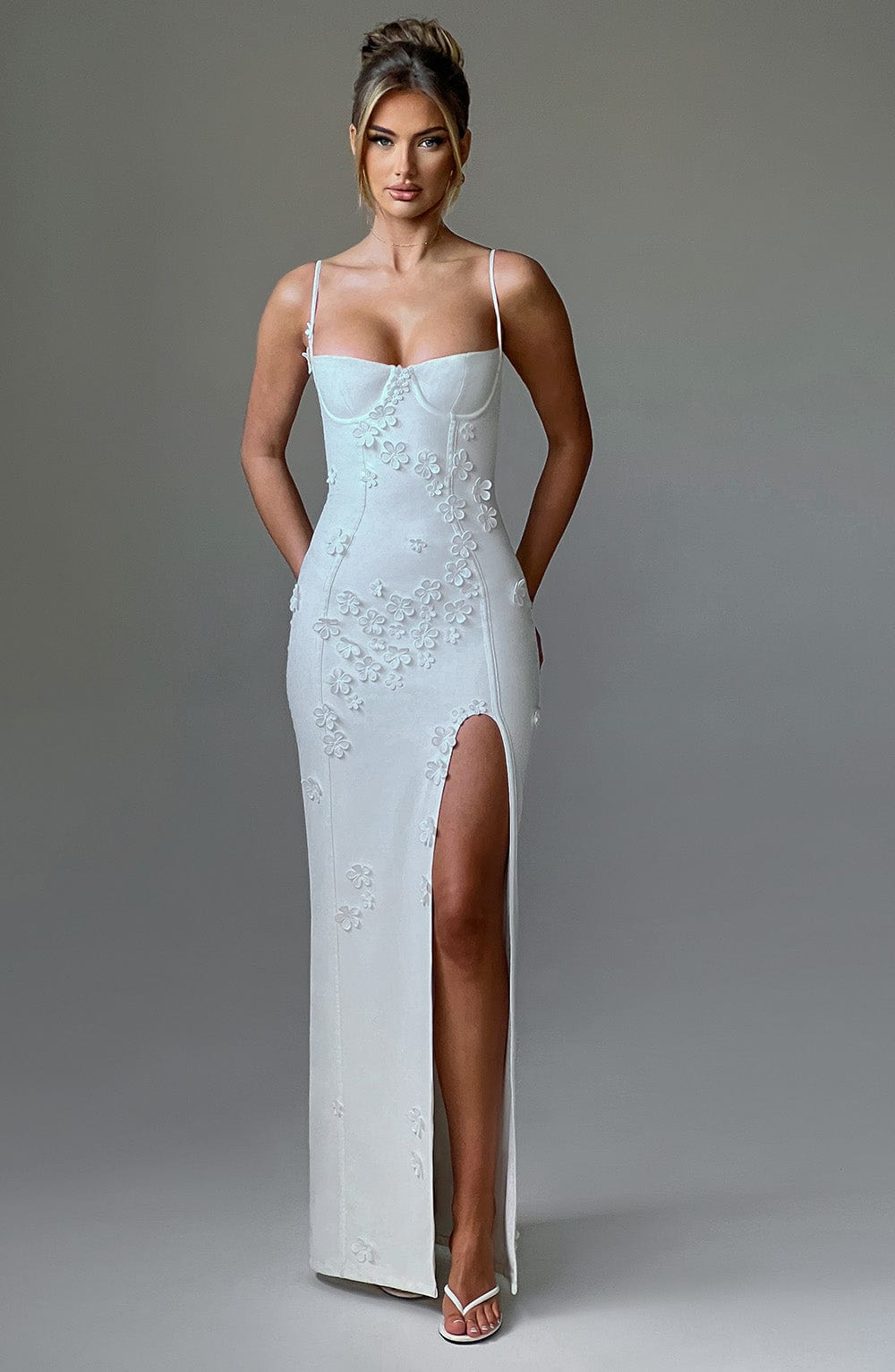 Concetta – Floral Appliqué Slit Gown
