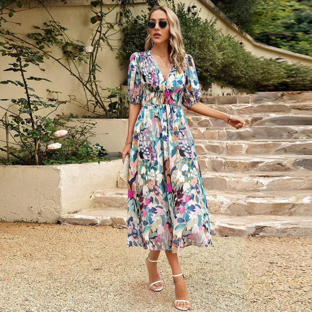 Innova – Ruched Puff Sleeve Midi Dress