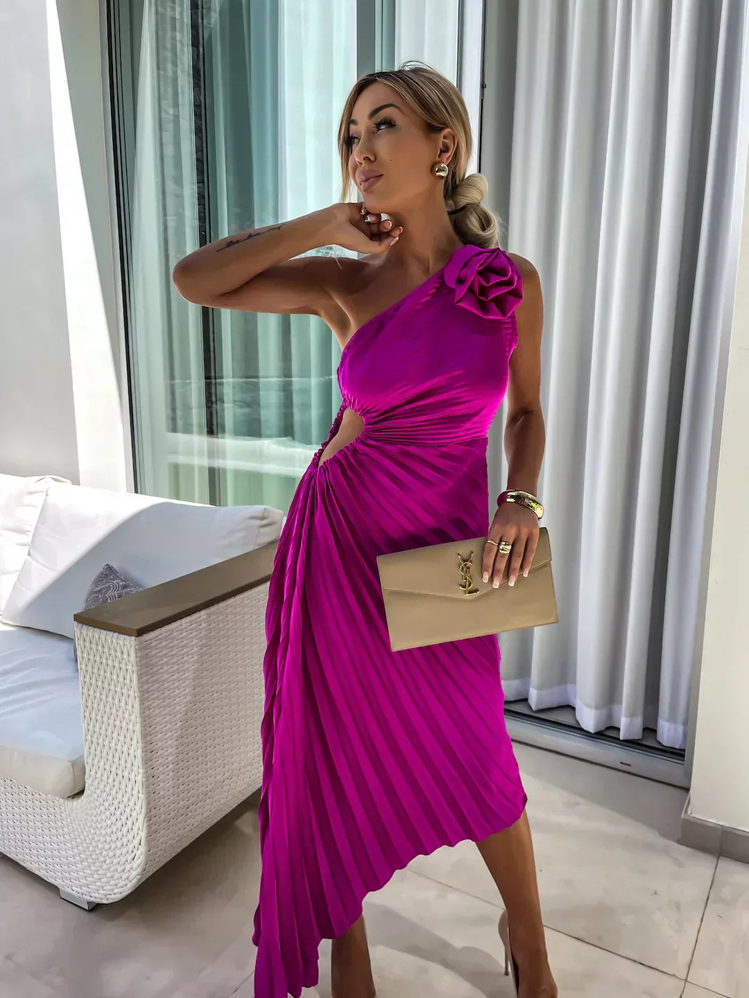 Lizbeth – Pleated One-Shoulder Midi Dress