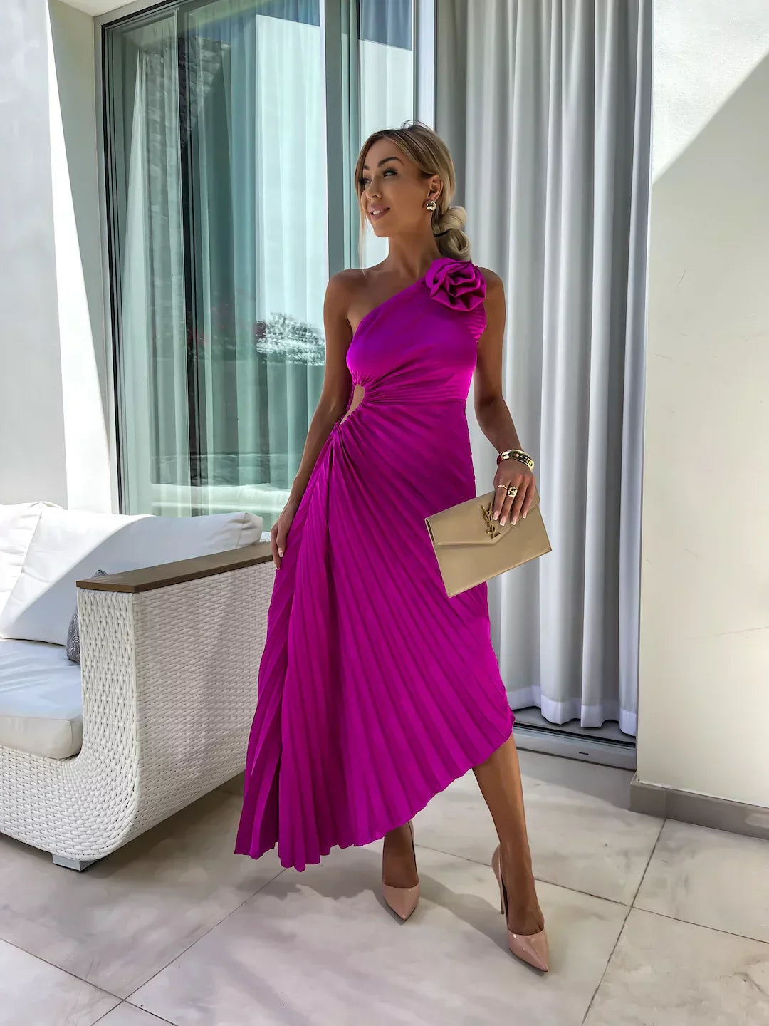 Lizbeth – Pleated One-Shoulder Midi Dress