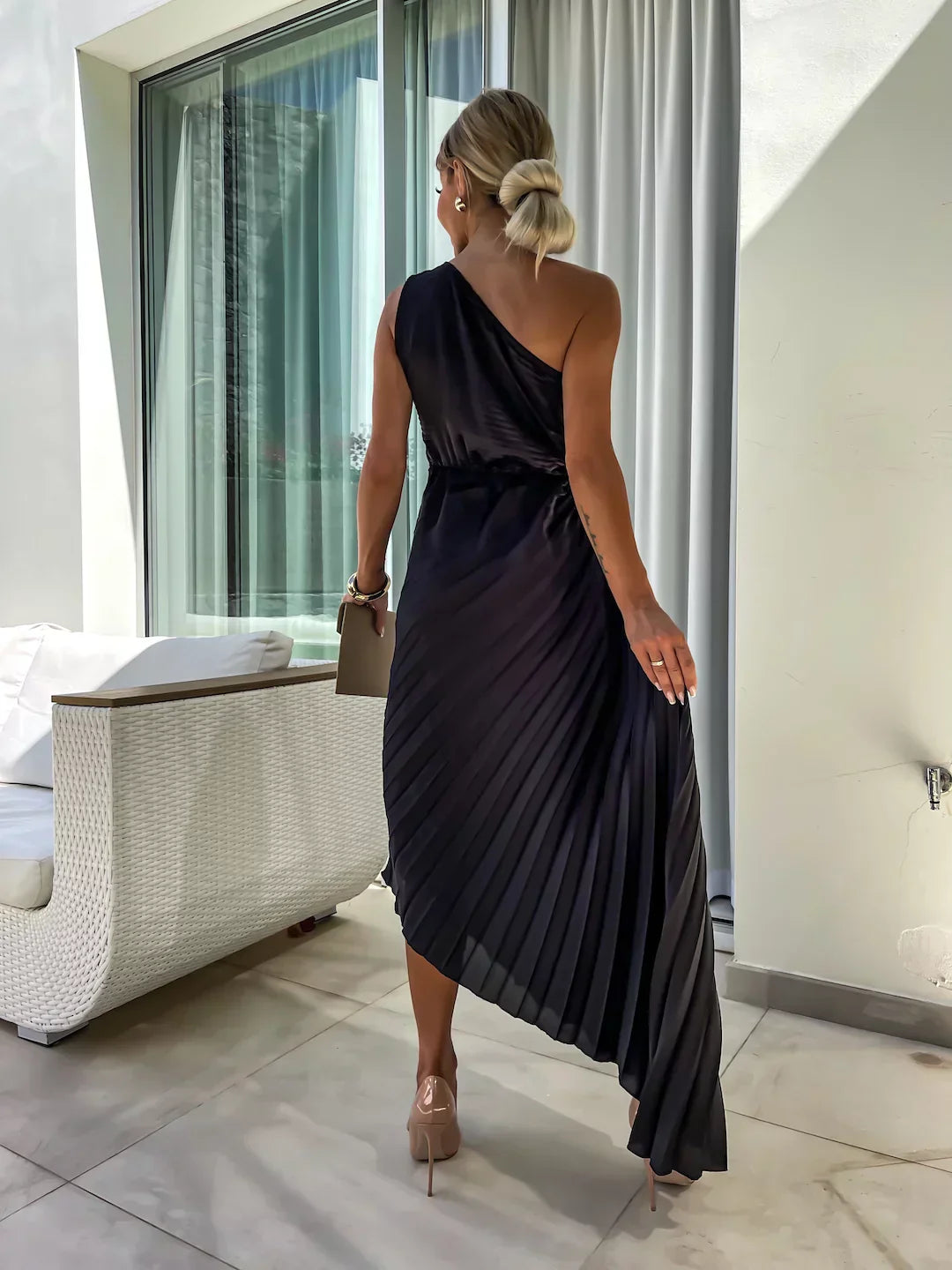Lizbeth – Pleated One-Shoulder Midi Dress