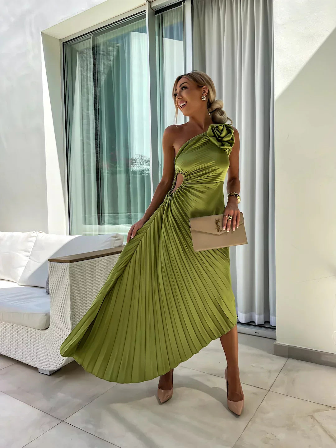 Lizbeth – Pleated One-Shoulder Midi Dress