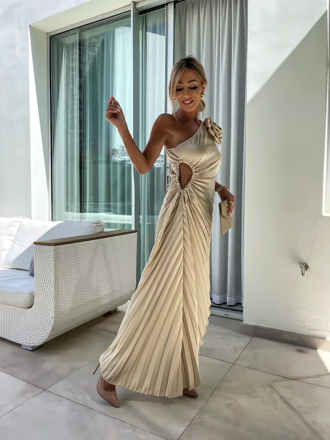 Lizbeth – Pleated One-Shoulder Midi Dress