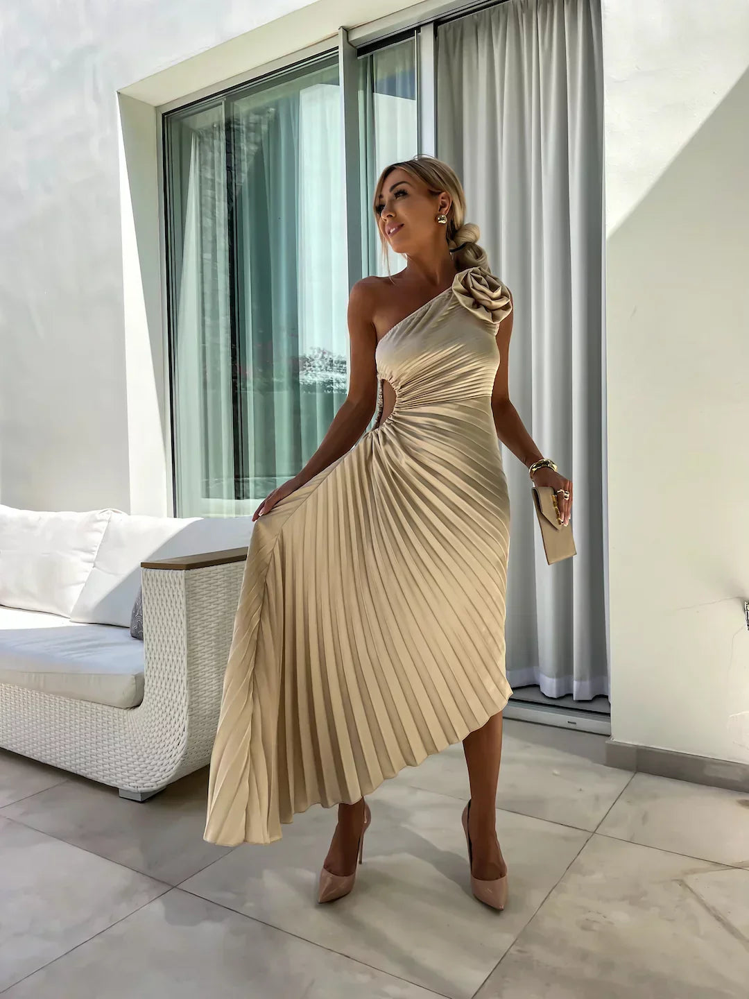 Lizbeth – Pleated One-Shoulder Midi Dress