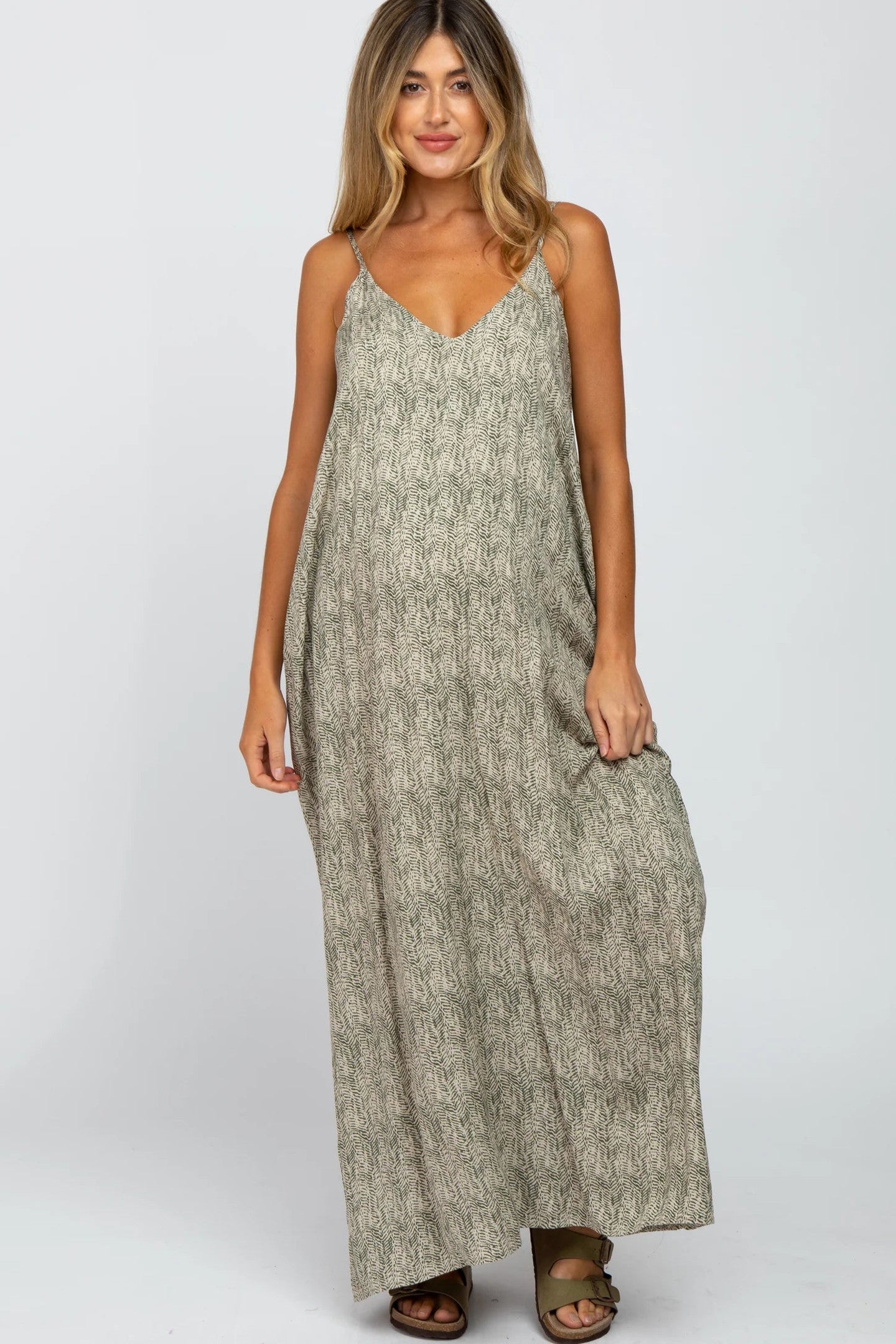 Olive Printed Sleeveless Maxi Dress