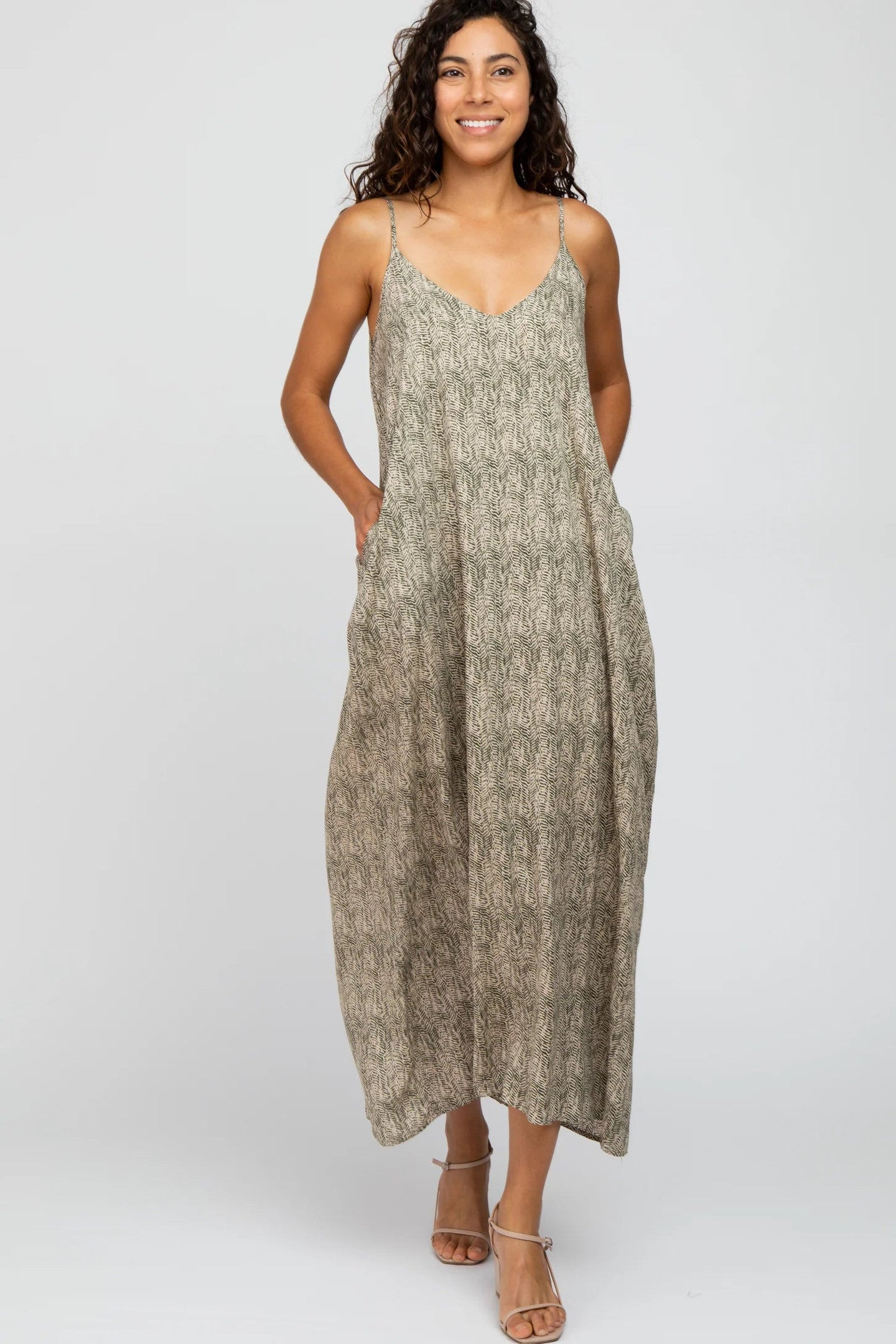 Olive Printed Sleeveless Maxi Dress