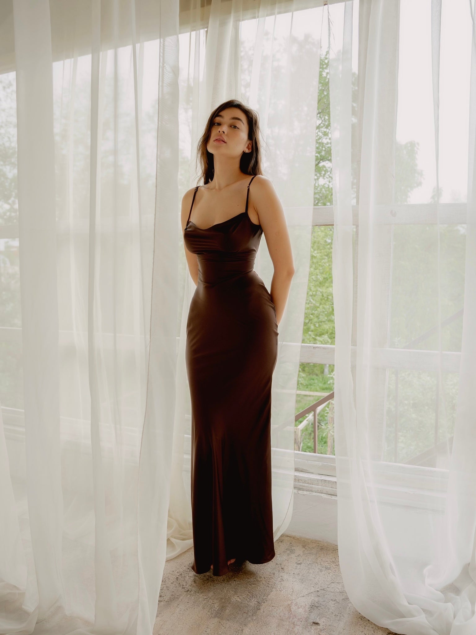Natalina – Satin Tie-Back Cowl Gown