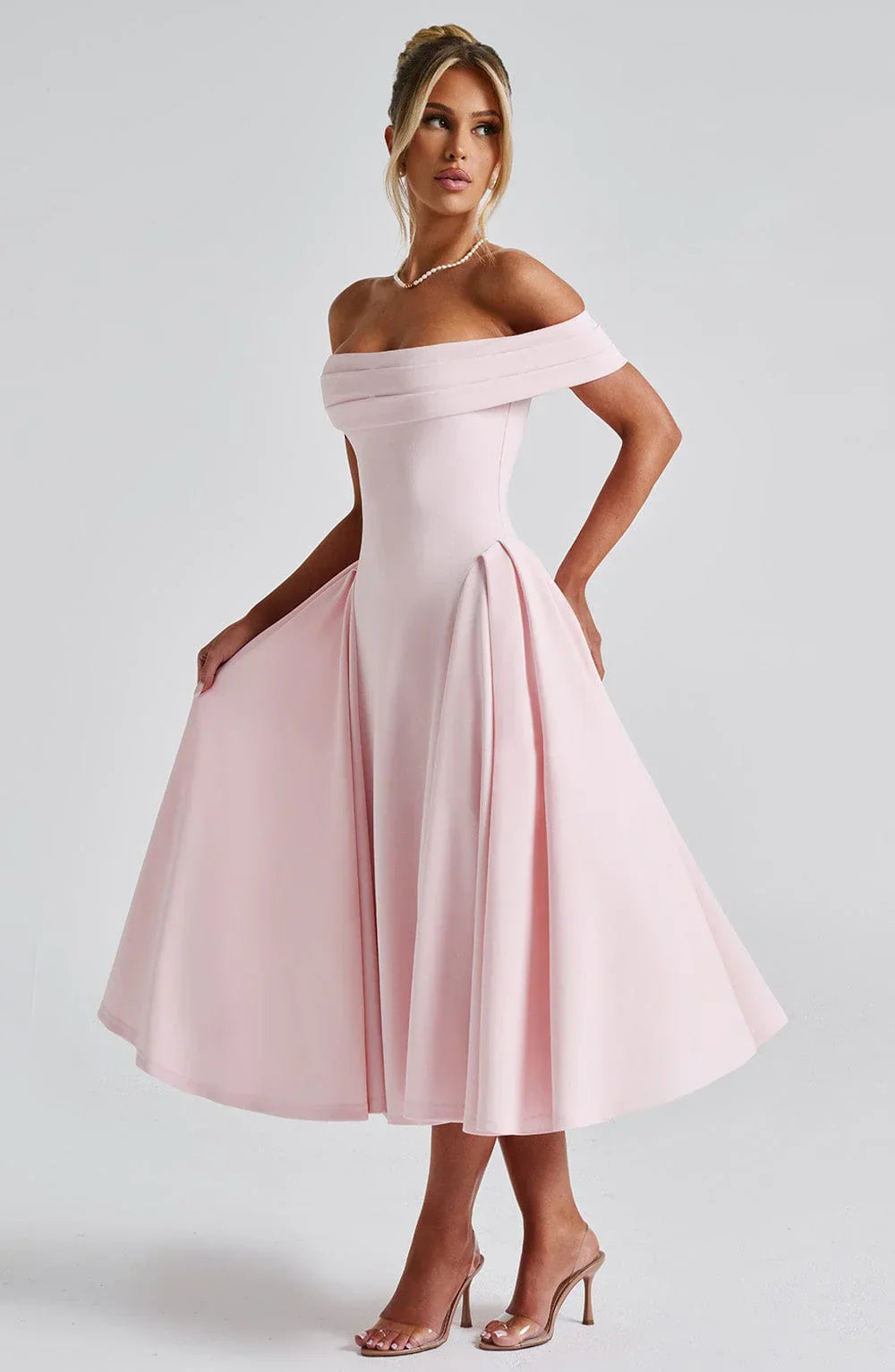 Antonia – Off-Shoulder Pleated Midi Gown
