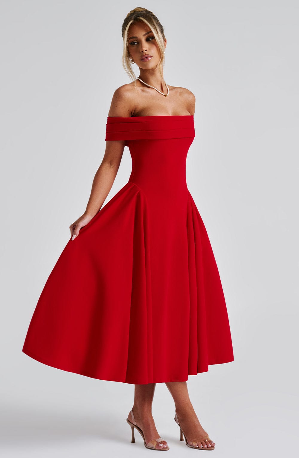 Antonia – Off-Shoulder Pleated Midi Gown
