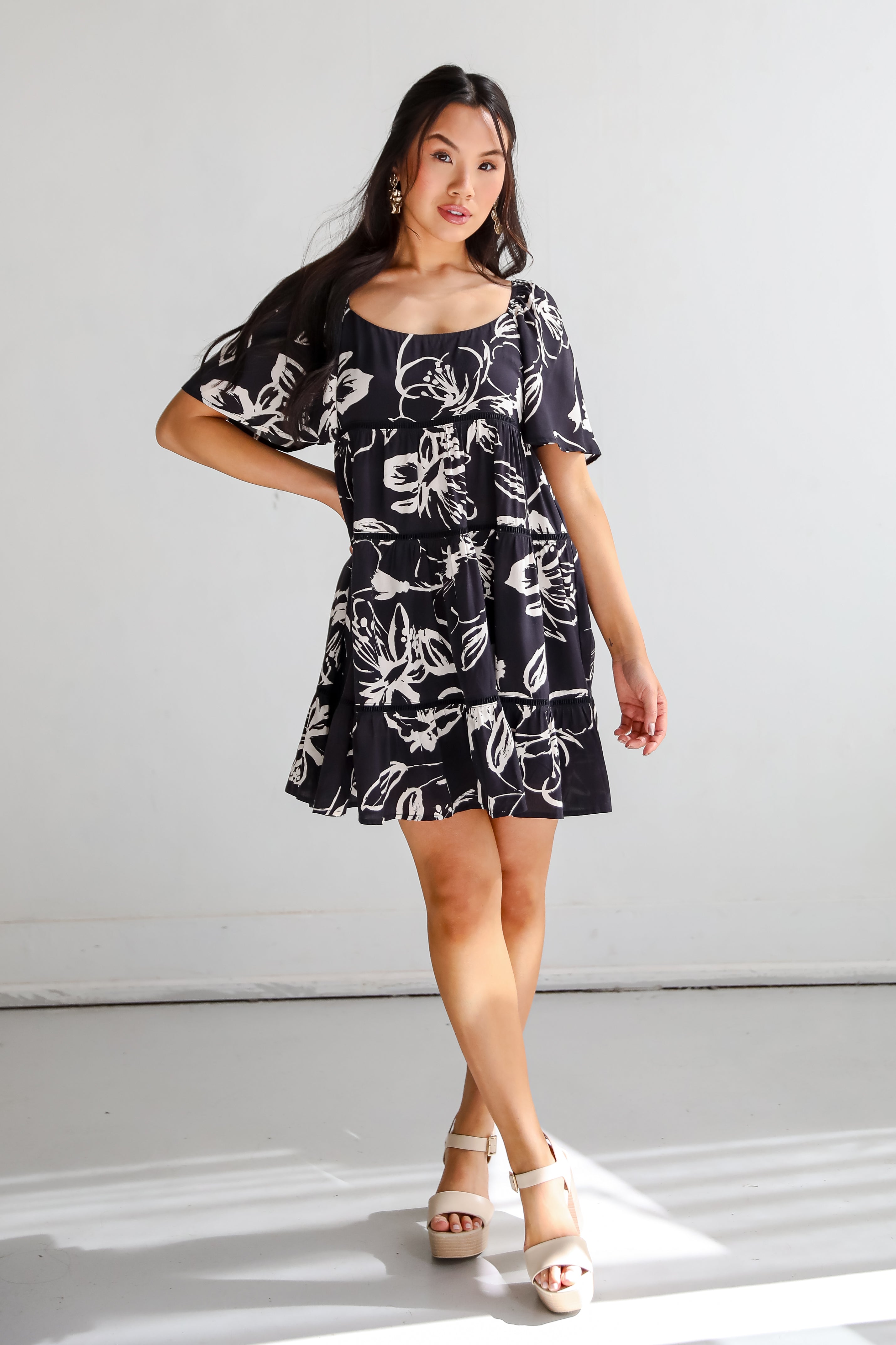 Isle - Black Floral Tiered Mini Dress