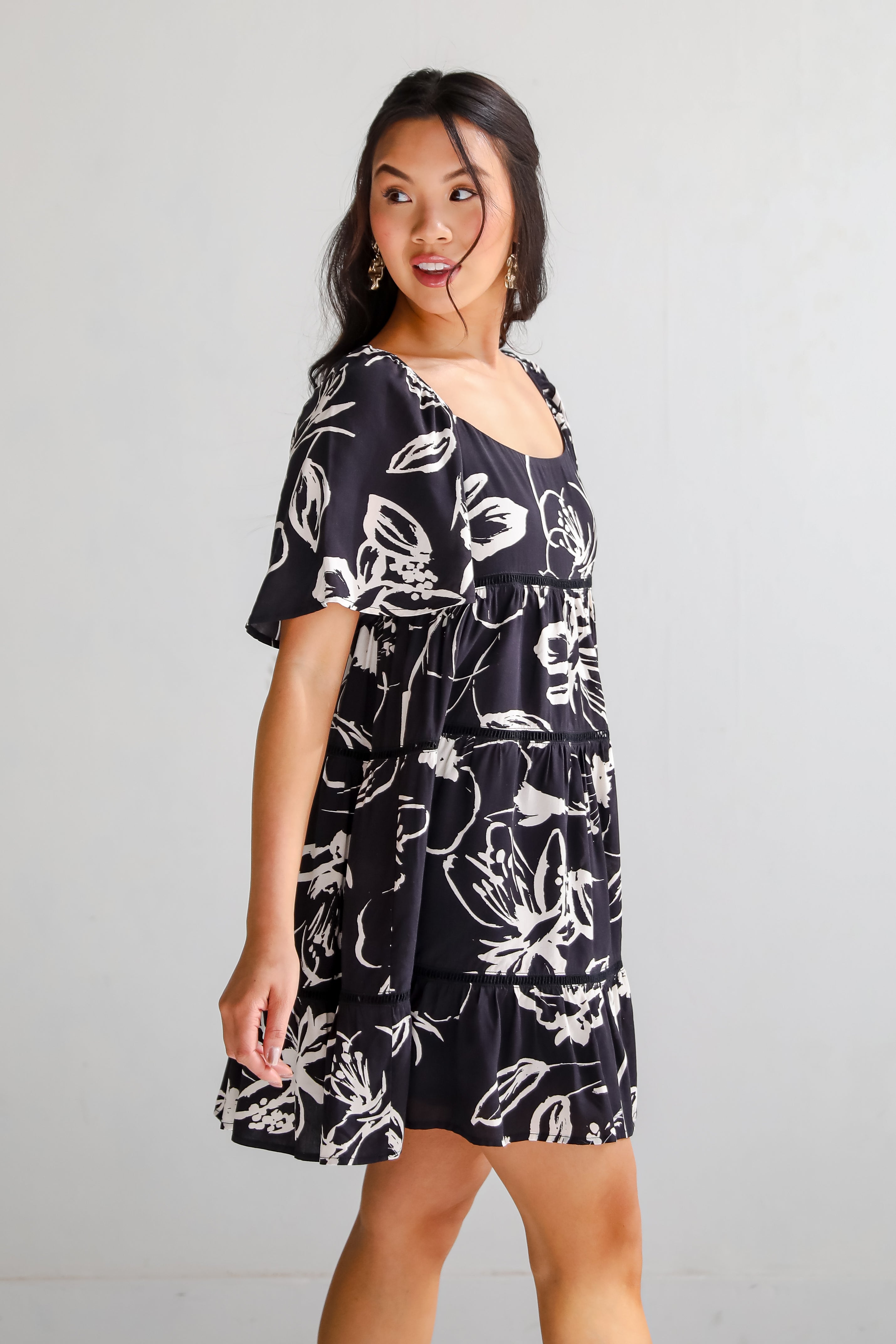 Isle - Black Floral Tiered Mini Dress