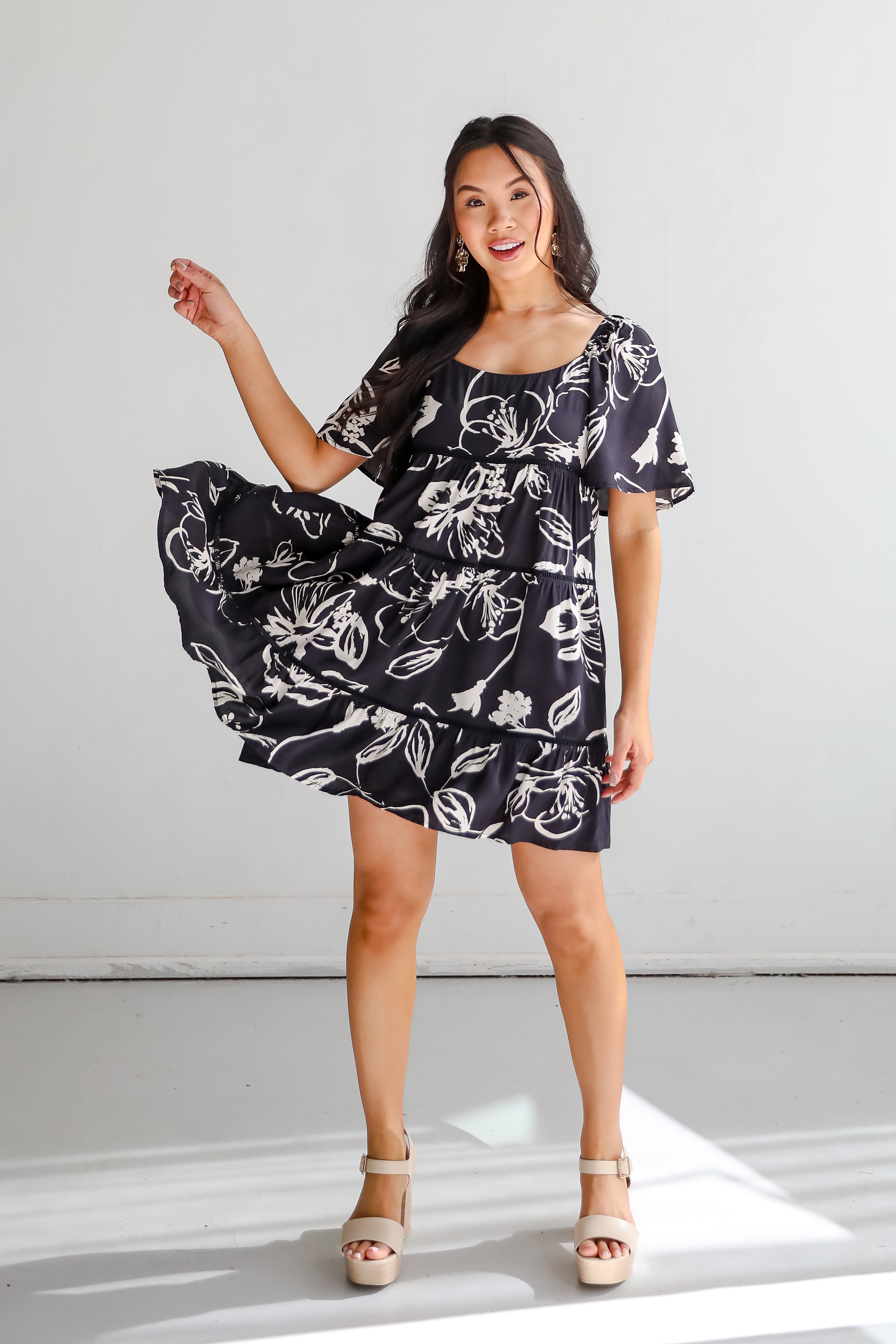 Isle - Black Floral Tiered Mini Dress