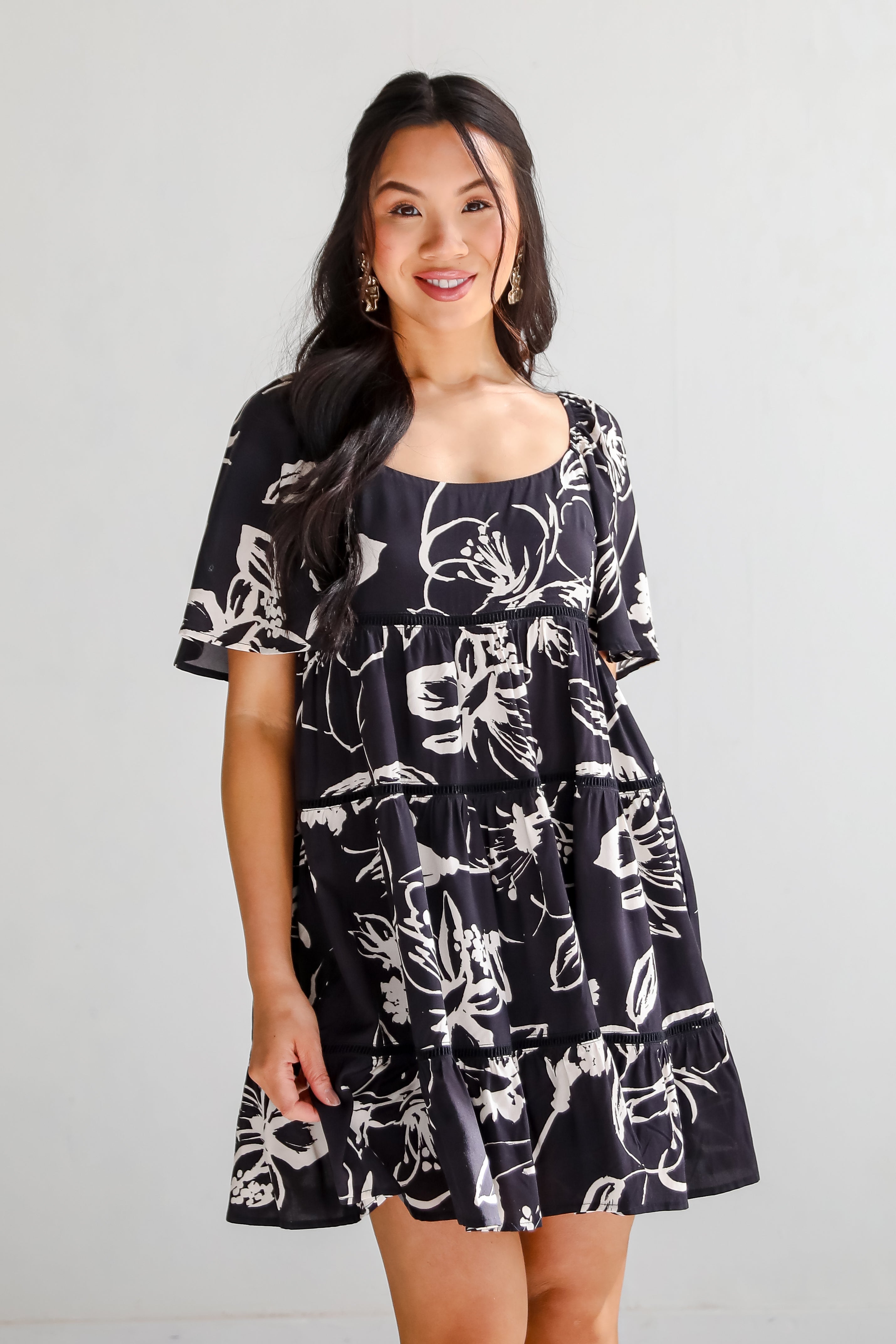 Isle - Black Floral Tiered Mini Dress