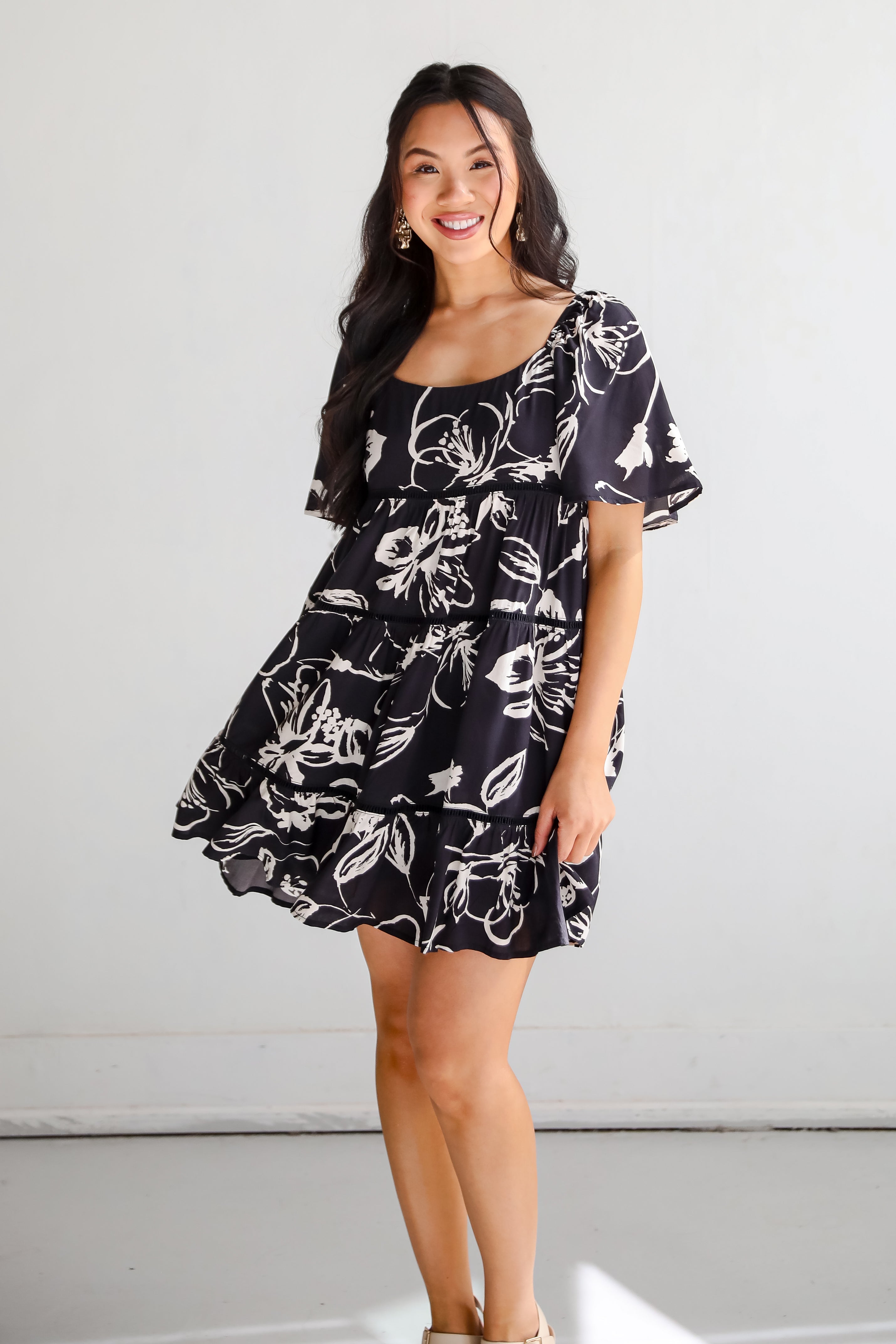 Isle - Black Floral Tiered Mini Dress