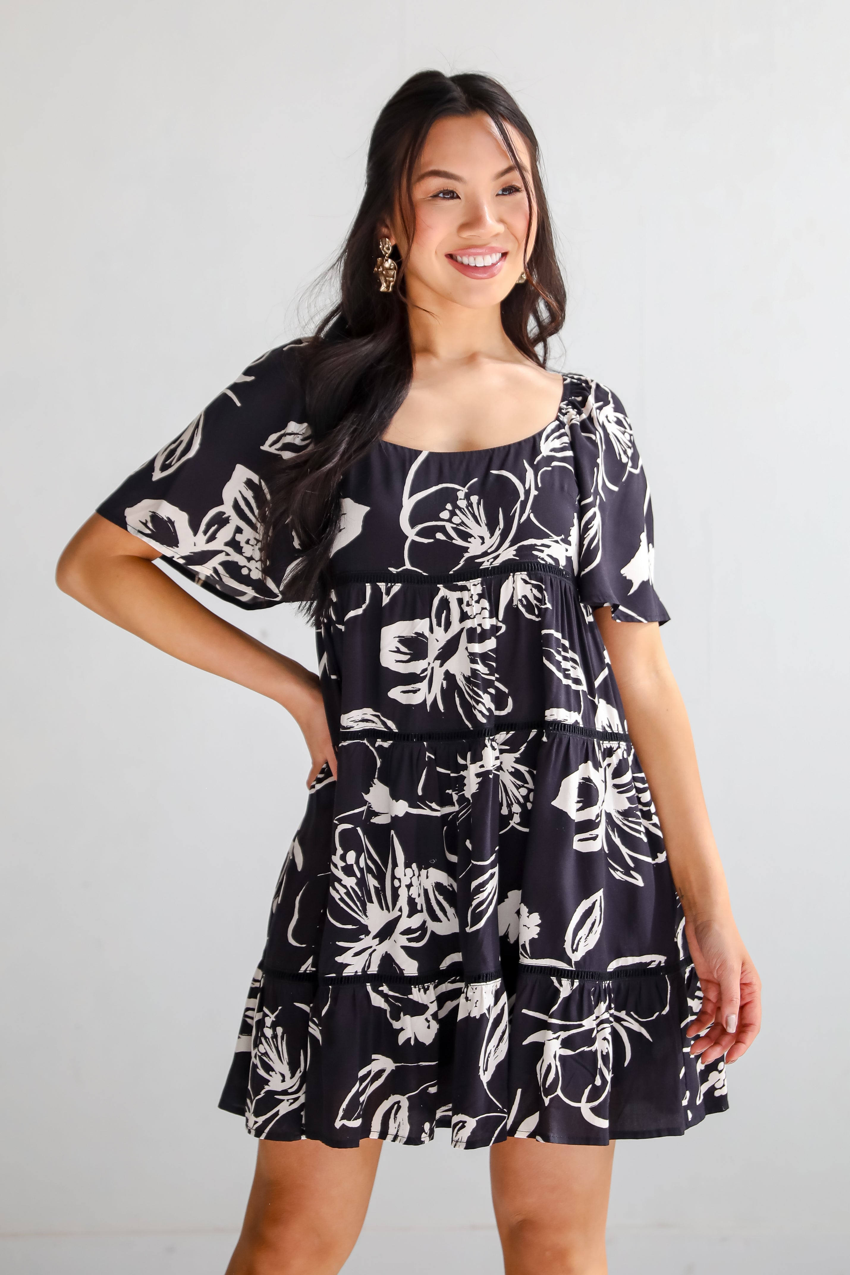 Isle - Black Floral Tiered Mini Dress