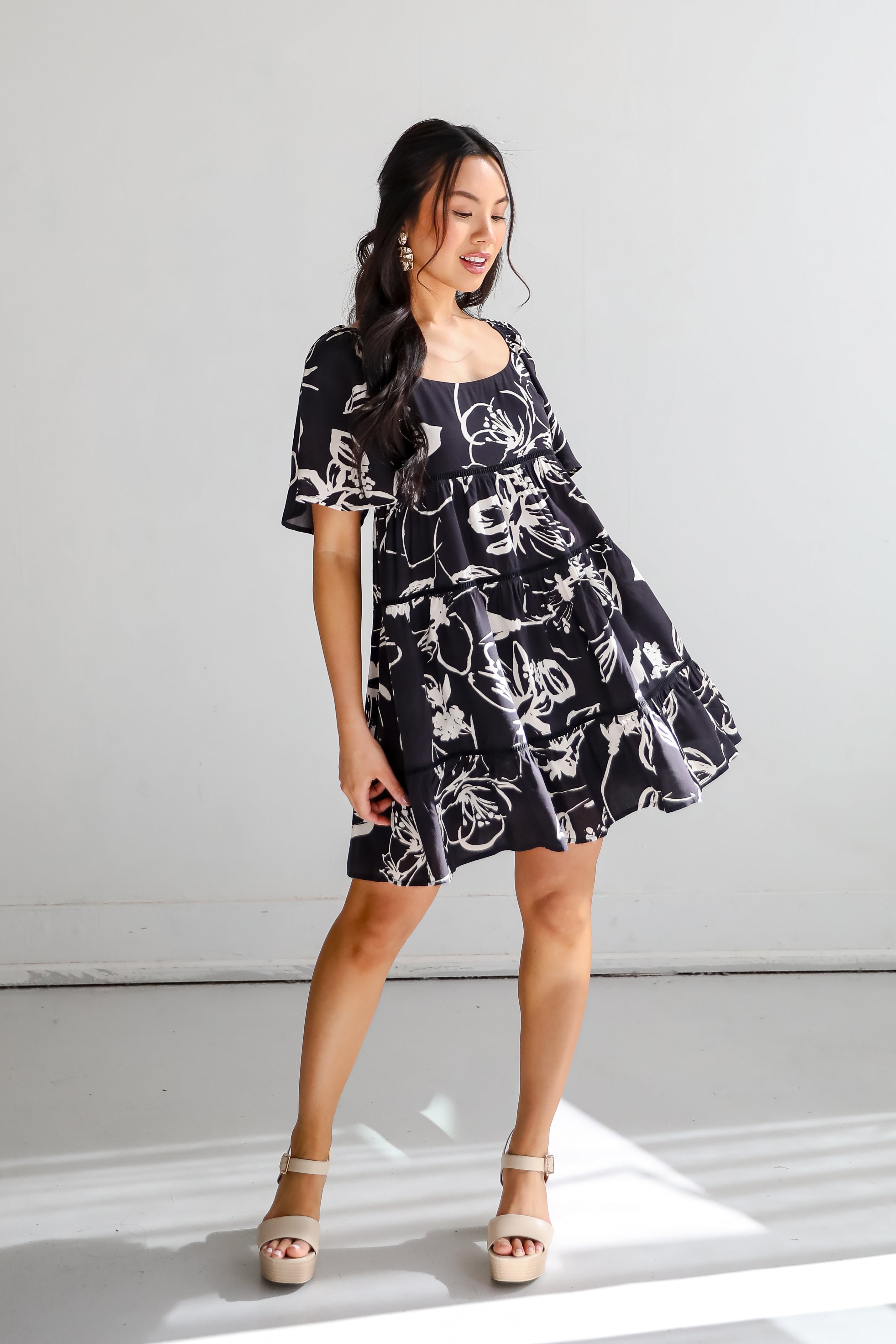 Isle - Black Floral Tiered Mini Dress