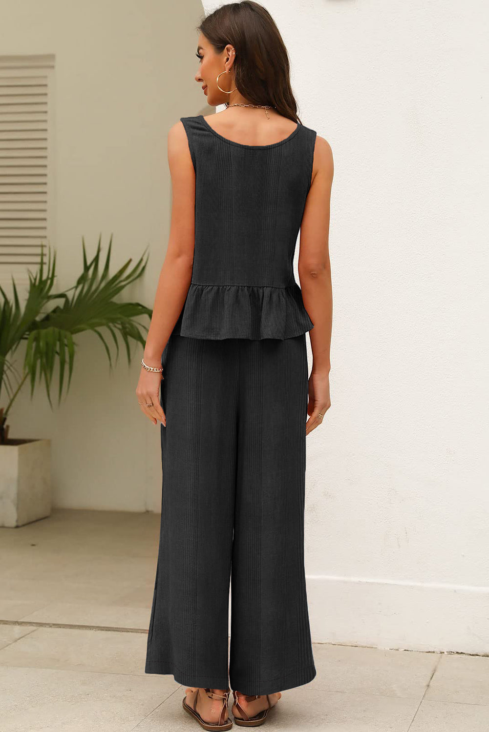 Amelia - Blue Ribbed Ruffle Tank Top and Pants Set