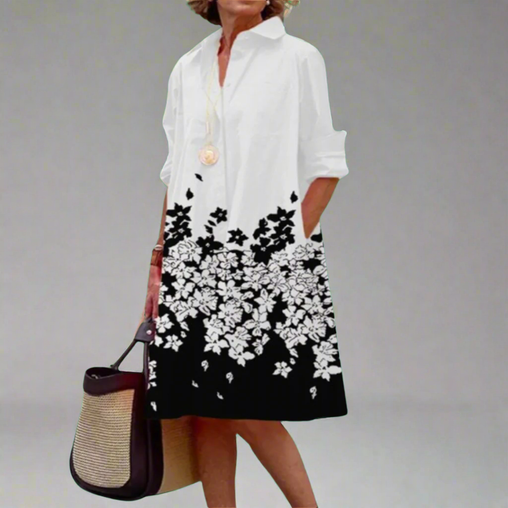 Zinnia - Women's Long Sleeve Floral Print Midi Dress with Floral Print