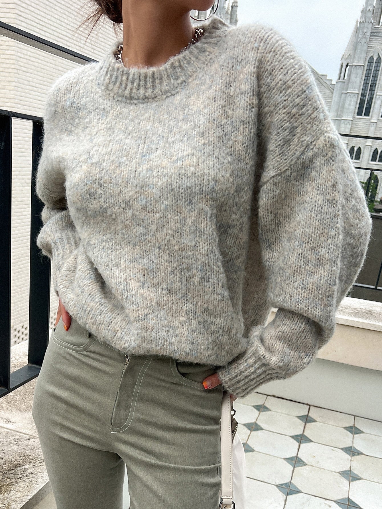 Marled Knit Drop Shoulder Sweater