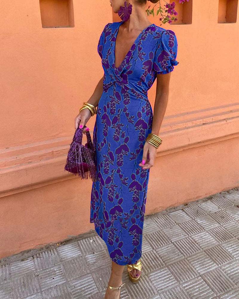 Aria™ - Chic Deep V-Neck Dress with Leaf Design