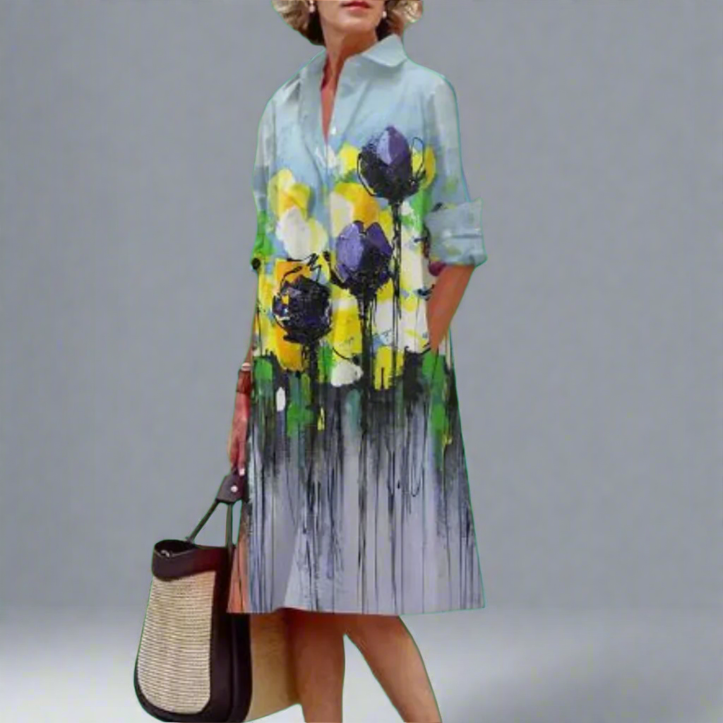 Rumi - Women's Long Sleeve Lapel Midi Dress with Crushed Floral Print