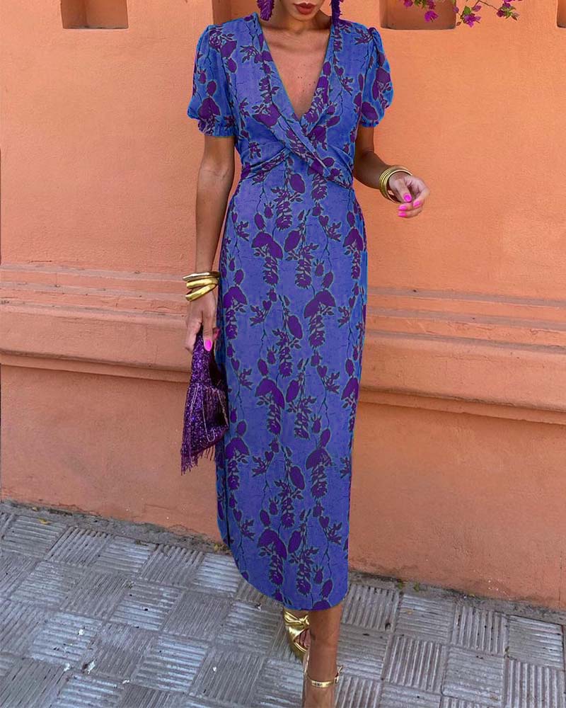 Aria™ - Chic Deep V-Neck Dress with Leaf Design