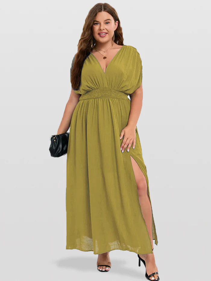 Dahlia - V-Neck Sleeve Ruched Split Pocket Maxi Dress