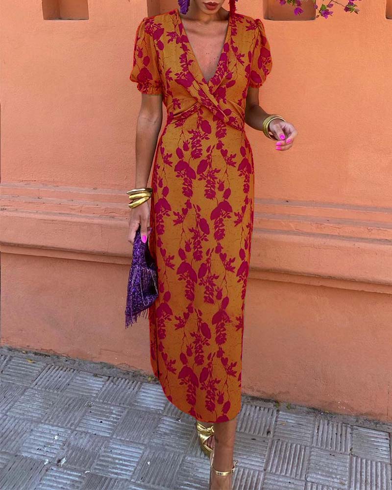 Aria™ - Chic Deep V-Neck Dress with Leaf Design