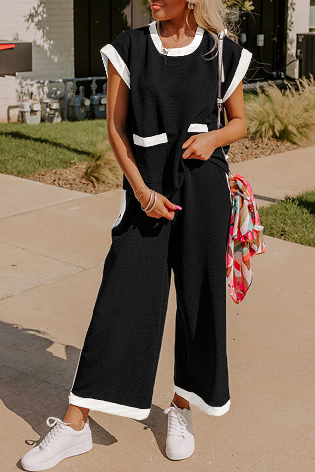 Sophia - Black Contrast Trim Pocket Trousers Set