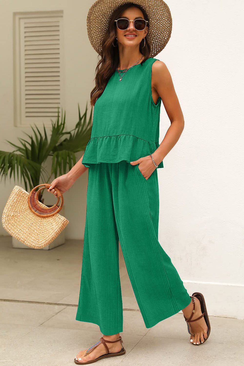 Amelia - Blue Ribbed Ruffle Tank Top and Pants Set