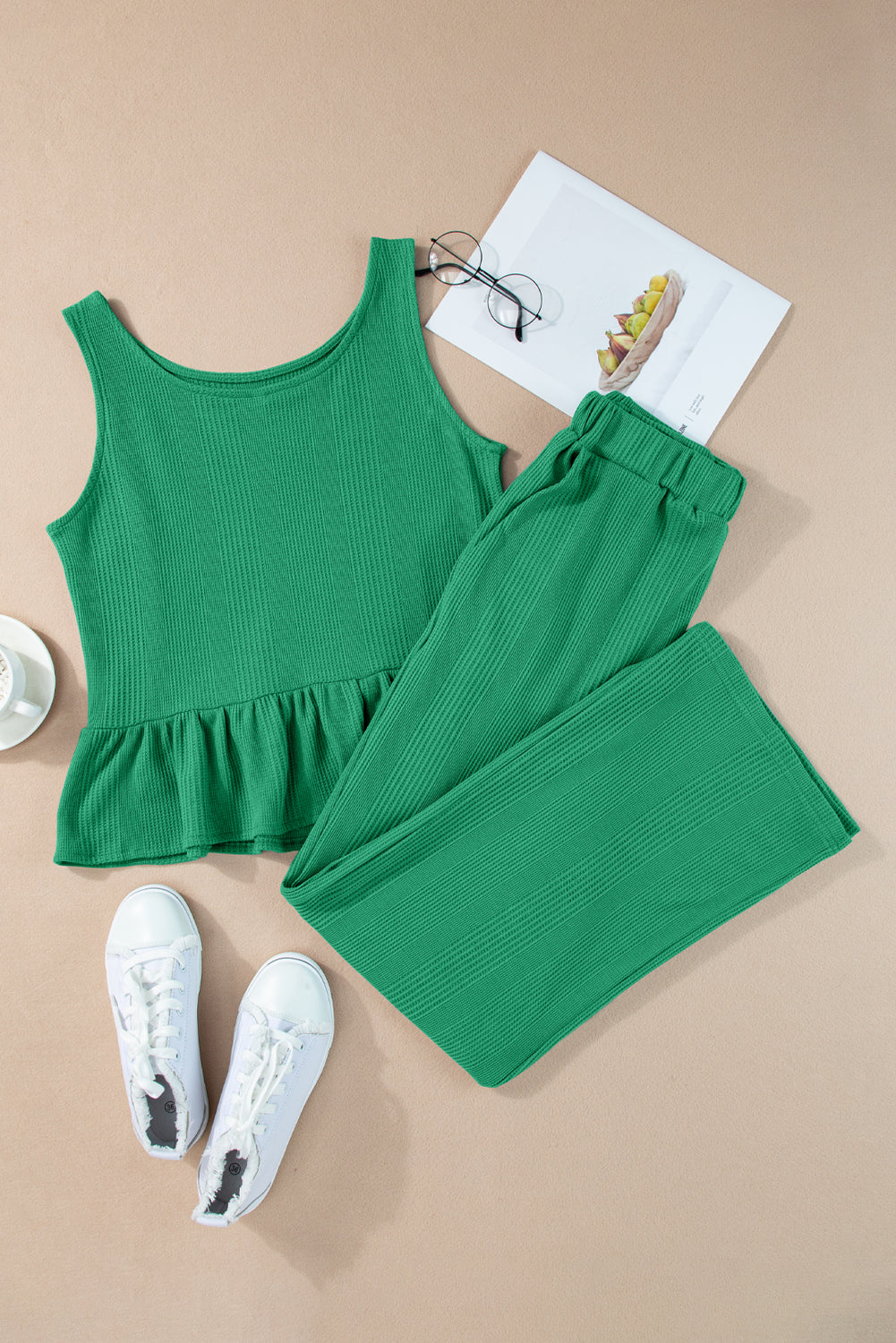 Amelia - Blue Ribbed Ruffle Tank Top and Pants Set