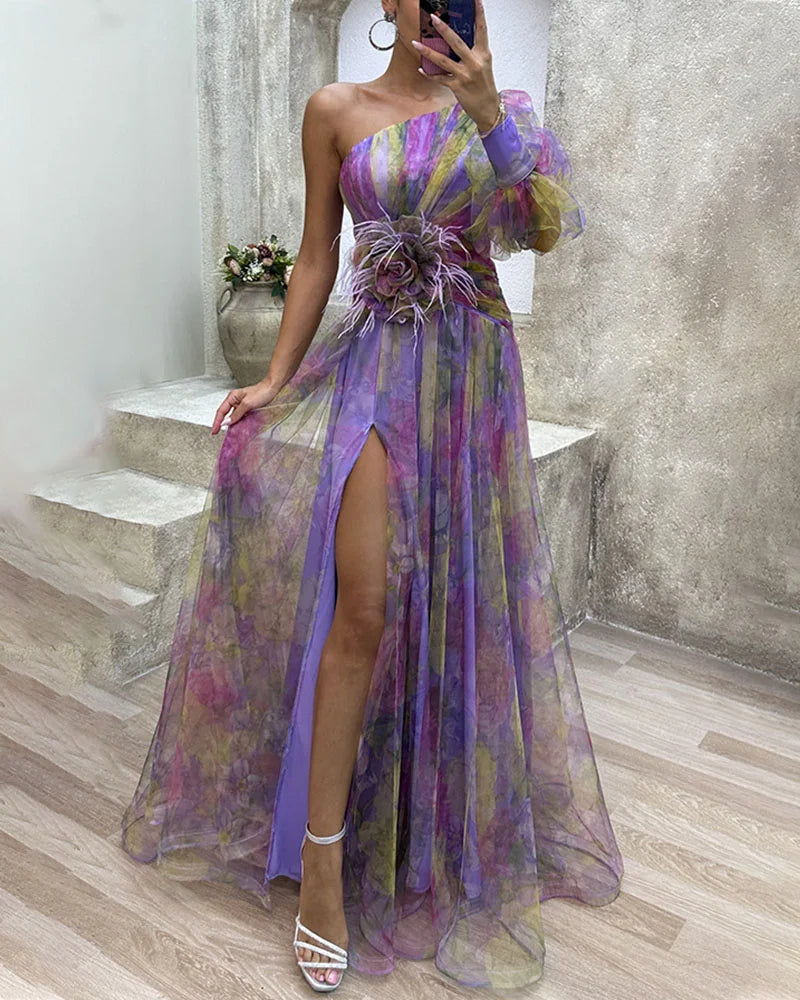 Cecelia – One-Shoulder Feather Detail Gown