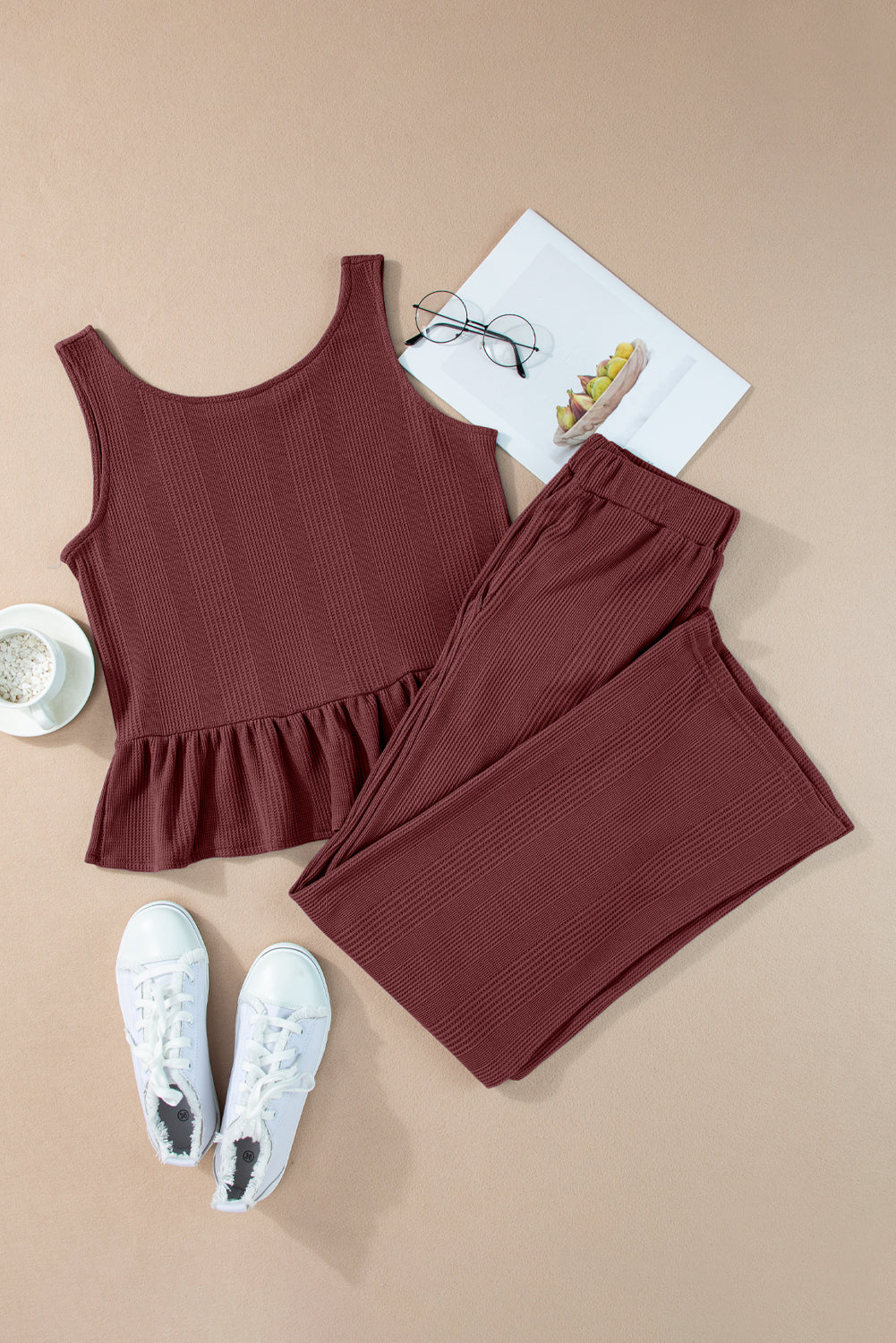 Amelia - Blue Ribbed Ruffle Tank Top and Pants Set