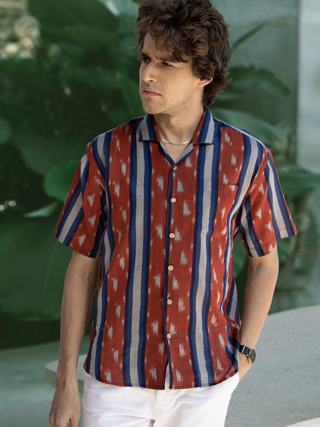 Oliver - Cuban Collar Handwoven Ikat Shirt Redwoods